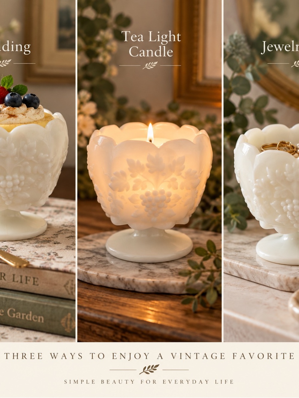 Vintage Indiana Glass Harvest Grape Milk Glass Pedestal Candle Holders Set of 2
